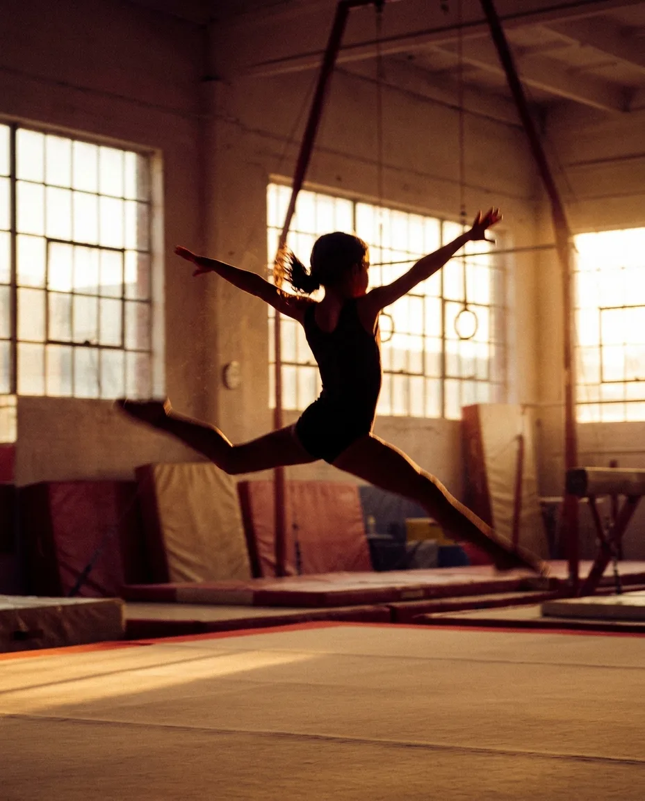 Ginnasta in volo durante un esercizio di ginnastica artistica